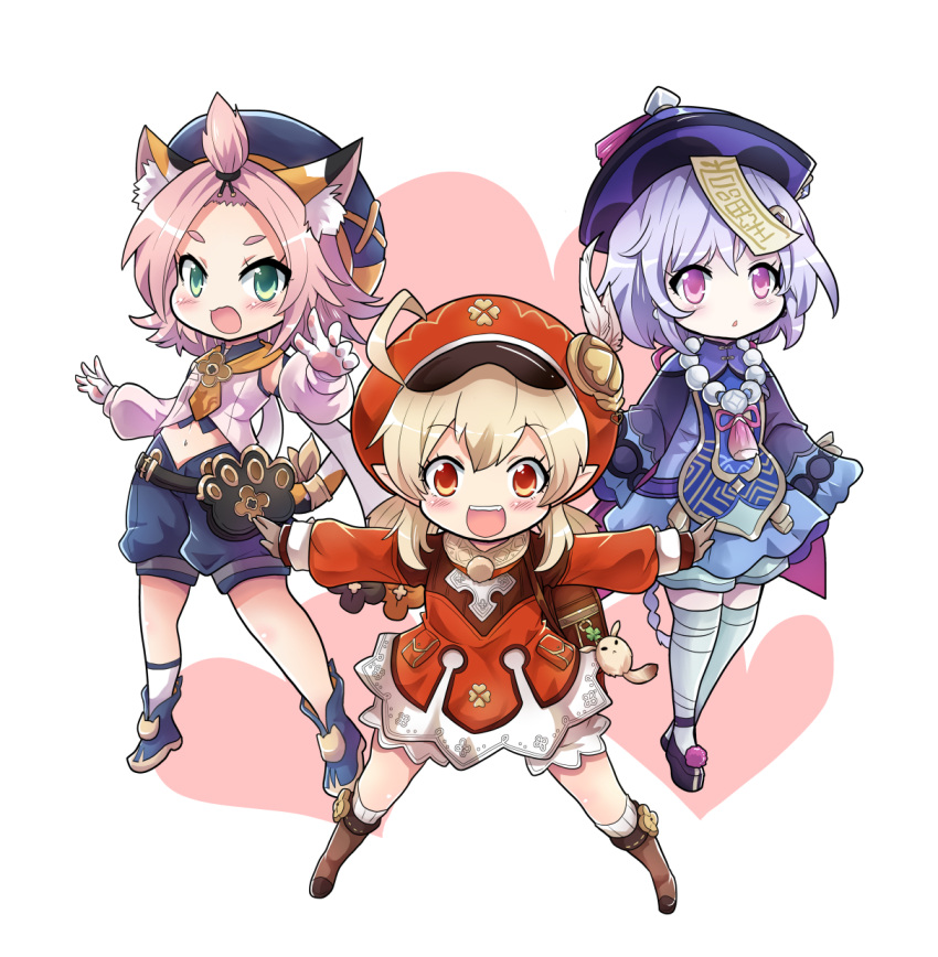 3girls ahoge animal_ears arms_up backpack bag beret bloomers braid cat_ears chibi colonel_aki commentary diona_(genshin_impact) genshin_impact green_eyes hair_between_eyes hat highres jewelry klee_(genshin_impact) long_hair long_sleeves low_twintails multiple_girls navel necklace open_mouth orange_eyes outstretched_arms pointy_ears qiqi shoes short_hair shorts skirt smile spread_arms talisman thigh-highs twintails underwear wide_sleeves