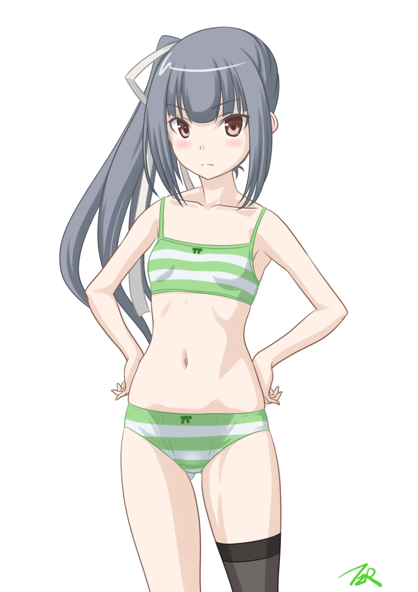 1girl artist_logo black_legwear bra breasts brown_eyes commentary_request cowboy_shot dress green_bra green_panties grey_hair hands_on_hips highres kantai_collection kasumi_(kantai_collection) long_hair looking_at_viewer panties shirt side_ponytail simple_background single_thighhigh small_breasts solo striped striped_bra striped_panties t2r thigh-highs trainer_bra underwear white_background
