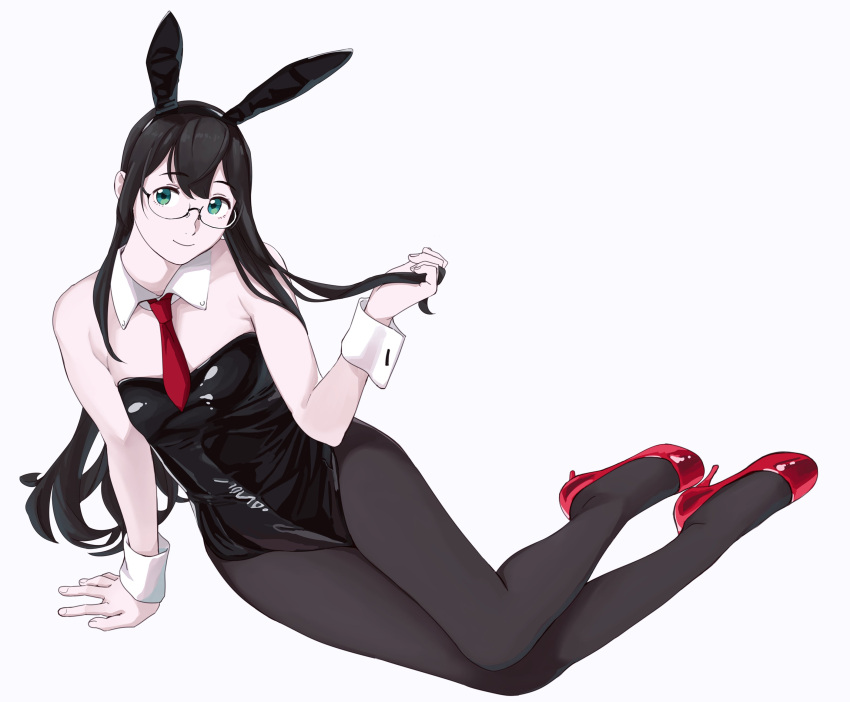 1girl absurdres animal_ears black_hair black_legwear black_leotard breasts bunny_tail detached_collar full_body green_eyes high_heels highres kantai_collection leotard long_hair looking_at_viewer necktie ojipon ooyodo_(kantai_collection) pantyhose playboy_bunny rabbit_ears red_footwear red_neckwear semi-rimless_eyewear shiny shiny_clothes simple_background small_breasts solo strapless strapless_leotard tail under-rim_eyewear white_background wrist_cuffs