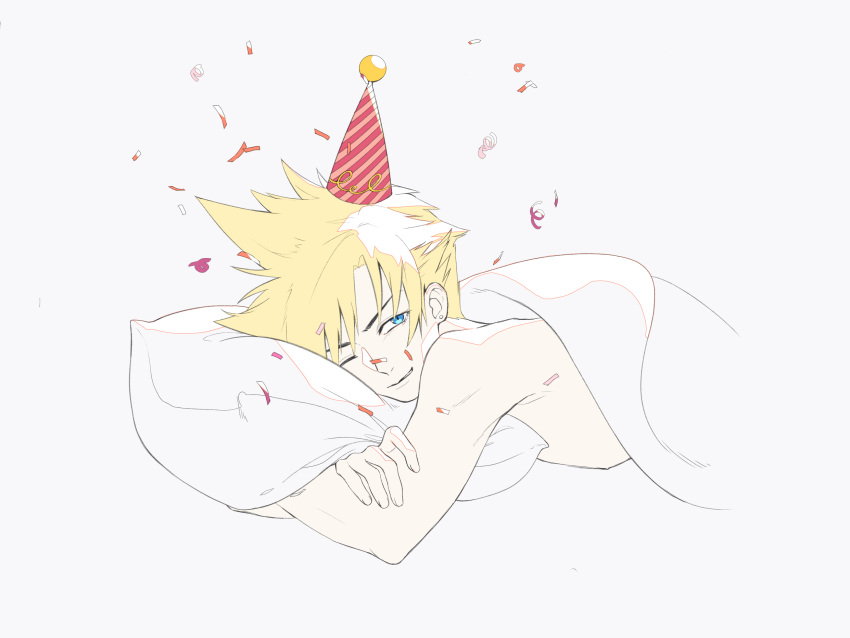 1boy absurdres blonde_hair blue_eyes cloud_strife confetti final_fantasy final_fantasy_vii hat highres lilith-lily looking_at_viewer lying male_focus on_stomach one_eye_closed party_hat pillow shirtless solo spiky_hair