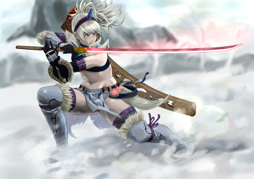 1girl absurdres aniy_ambitious arm_belt bandeau bangs bare_shoulders black_bandeau black_footwear black_gloves blue_eyes breasts buckler commentary_request elbow_gloves eyebrows_visible_through_hair full_body fur fur-trimmed_legwear fur_trim gloves glowing glowing_eye glowing_sword glowing_weapon grey_legwear groin hairband highres holding holding_sword holding_weapon horns kirin_(armor) loincloth looking_to_the_side medium_breasts midriff monster_hunter monster_hunter:_world mountain navel outdoors parted_lips sheath shield sidelocks single_horn snow solo standing sword thigh-highs tied_hair toned unsheathed weapon white_hair
