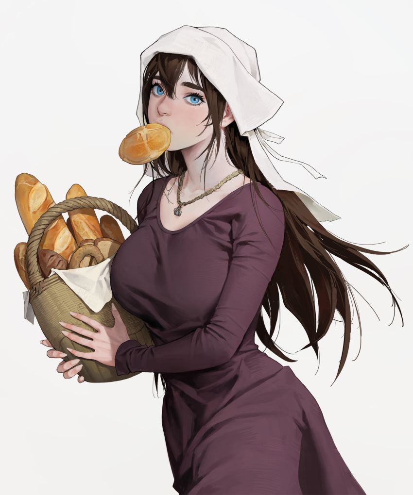 1girl baguette bangs basket blue_eyes bread breasts brown_hair collarbone commentary cowboy_shot dongho_kang dress fingernails food food_in_mouth hair_between_eyes highres holding holding_basket jewelry large_breasts long_hair looking_at_viewer mouth_hold necklace original red_dress solo toast toast_in_mouth white_headwear