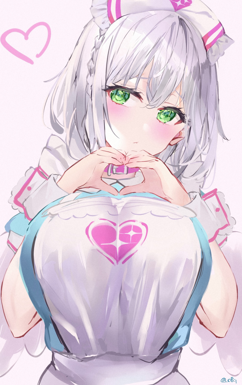 absurdres blush breasts cosplay green_eyes grey_hair hat heart heart_hands highres hololive idolmaster idolmaster_cinderella_girls large_breasts mile_(off8mile) nurse nurse_cap shirogane_noel simple_background virtual_youtuber wrist_cuffs yumemi_riamu yumemi_riamu_(cosplay)