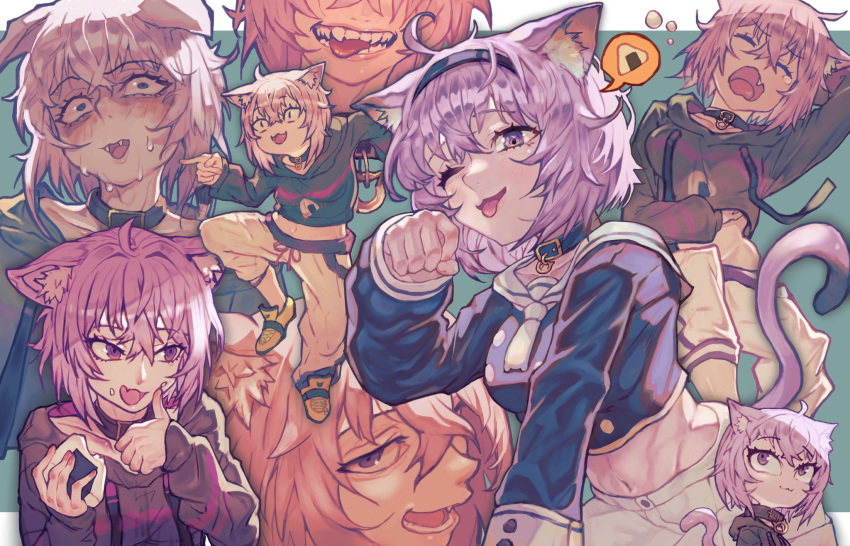 1girl animal_ear_fluff animal_ears black_hairband black_hoodie cat_ears cat_girl cat_tail chibi close-up collar collarbone fangs food hairband highres hololive hood hoodie looking_up multiple_views navel nekomata_okayu onigiri open_mouth pants paw_pose pointing purple_hair reomenka shoes short_hair sneakers speech_bubble sweat sweating_profusely sweatpants tail tongue tongue_out virtual_youtuber
