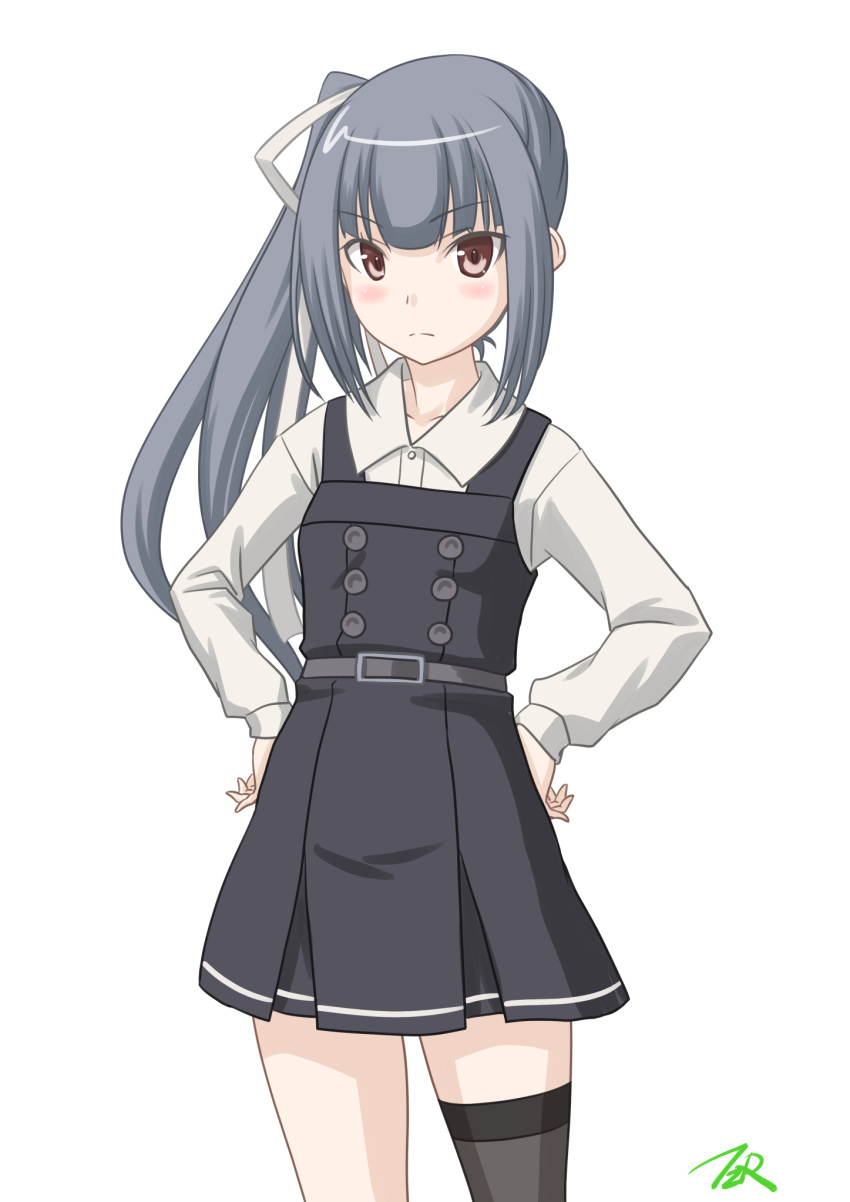 1girl artist_logo black_legwear brown_eyes commentary_request cowboy_shot dress grey_hair hands_on_hips highres kantai_collection kasumi_(kantai_collection) long_hair long_sleeves looking_at_viewer pinafore_dress remodel_(kantai_collection) shirt side_ponytail simple_background single_thighhigh solo t2r thigh-highs white_background white_shirt