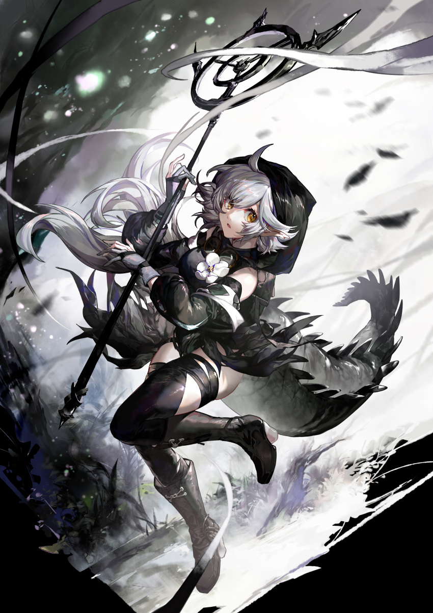 1girl absurdres arknights azalea_(artist) black_legwear boots brown_footwear crocodilian_tail full_body gloves grey_gloves high_heel_boots high_heels highres holding holding_staff hood hood_up long_hair pointy_ears shiny shiny_hair short_hair silver_hair single_glove solo staff tail thigh-highs thigh_strap tomimi_(arknights) torn_clothes very_long_hair white_hair yellow_eyes