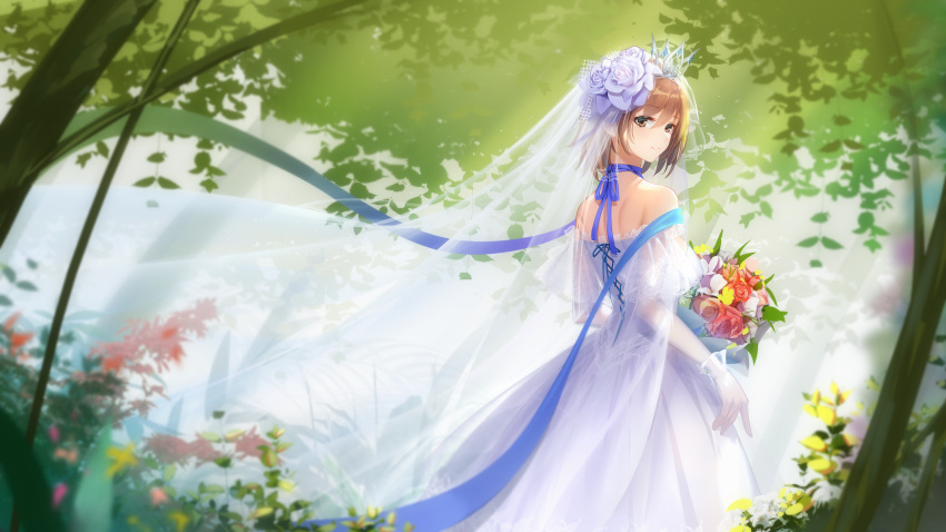 1girl absurdres bangs blue_ribbon blurry_foreground bouquet bridal_veil brown_eyes brown_hair choker closed_mouth day diadem dress eyebrows_visible_through_hair flower forest from_side gloves hair_between_eyes hair_flower hair_ornament highres holding holding_bouquet hong_bai long_dress looking_at_viewer misaka_mikoto nature off-shoulder_dress off_shoulder older outdoors ribbon ribbon_choker rose shiny shiny_hair short_hair shoulder_blades smile solo standing to_aru_majutsu_no_index veil wedding_dress white_dress white_flower white_gloves white_rose