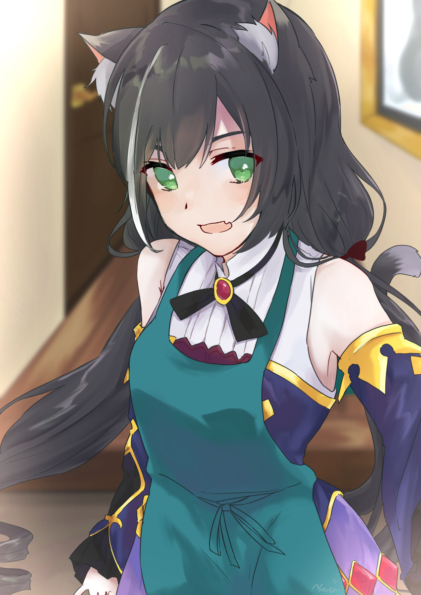 1girl absurdres animal_ear_fluff animal_ears apron bare_shoulders black_hair bow cat_ears cat_girl cat_tail commentary_request detached_sleeves dress fang gem green_eyes hair_bow highres interior karyl_(princess_connect!) long_hair looking_at_viewer multicolored_hair nayuta_(user_nnch7844) neck_ribbon open_mouth outstretched_arms princess_connect! princess_connect!_re:dive purple_dress reaching_out ribbon shirt skin_fang sleeveless solo streaked_hair tail white_hair white_shirt