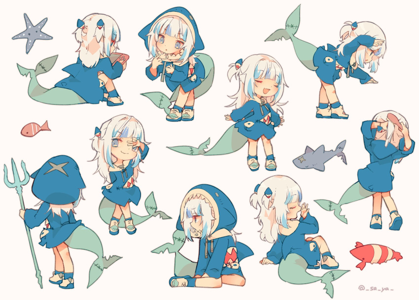 1girl adjusting_collar animal_hood arm_support blue_eyes blue_hoodie chibi clownfish crossed_legs curtsey fish_tail gawr_gura hair_brush hair_brushing highres hololive hololive_english hood hoodie leaning_forward lobster long_hair multicolored_hair multiple_girls music nintendo_switch playing_games polearm saya_(sayaya) shark shark_hood shark_tail simple_background singing sitting starfish streaked_hair tail trident twitter_username two_side_up v_over_eye watson_cross weapon white_background white_hair yawning