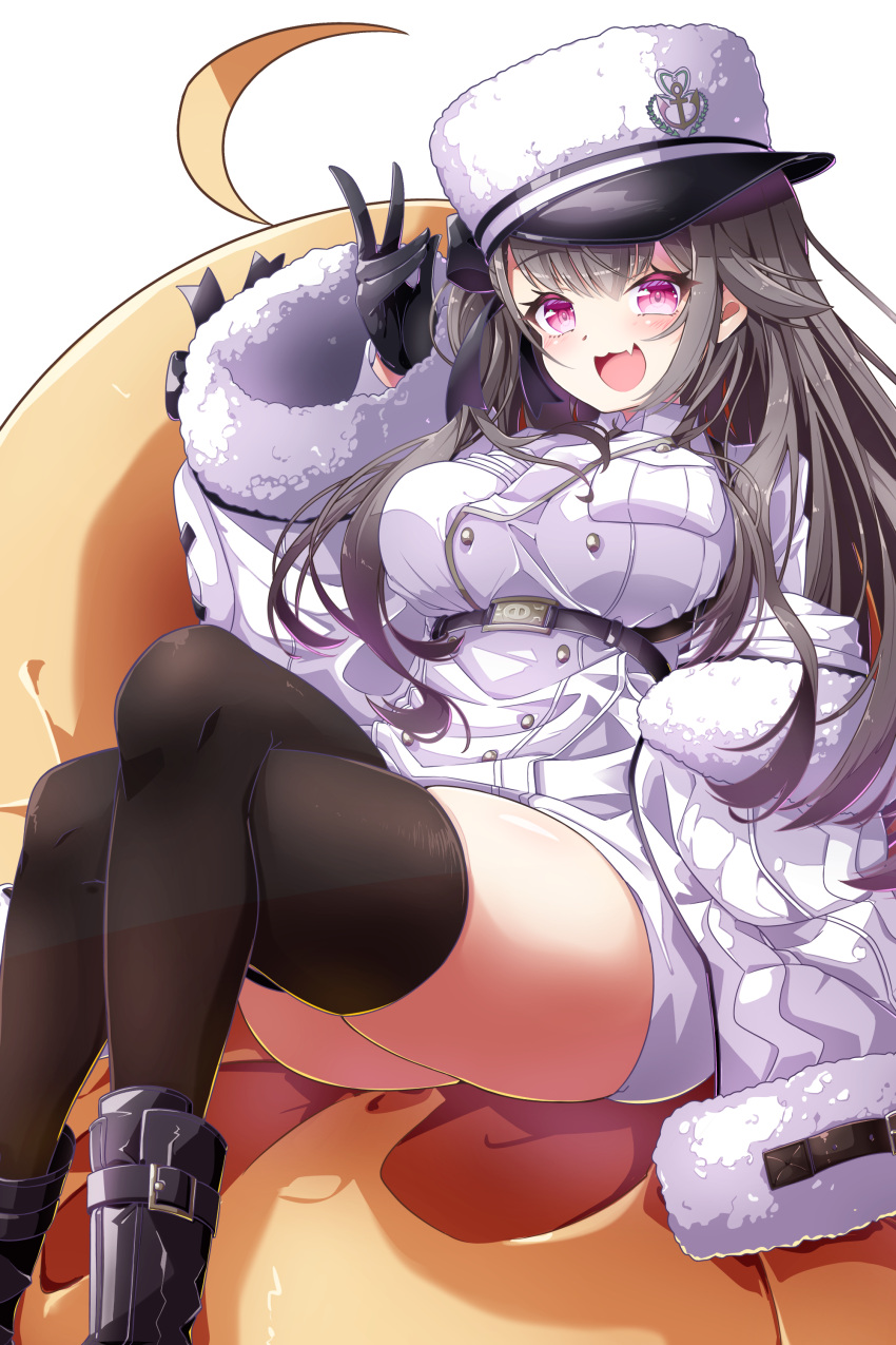 1girl :d absurdres anchor_symbol azur_lane bangs black_bow black_footwear black_gloves black_hair black_legwear blush boots bow breast_pocket breasts coat coat_dress collared_dress commentary cowboy_shot crossed_legs dress eyebrows_visible_through_hair fang fur-trimmed_coat fur_trim gloves hair_between_eyes hair_bow hand_up hat highres knee_boots large_breasts leer.meer long_hair long_sleeves looking_at_viewer manjuu_(azur_lane) off-shoulder_coat one_side_up open_mouth padded_coat pamiat_merkuria_(azur_lane) pocket short_dress sidelocks sitting skin_fang skindentation smile solo swept_bangs thigh-highs transparent_background underbust v violet_eyes white_coat white_headwear