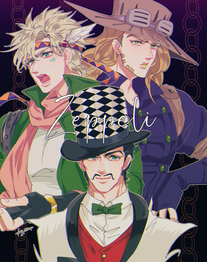 3boys abs aqua_eyes artist_name battle_tendency beard black_hair blonde_hair blue_eyes bow bowtie brown_hair caesar_anthonio_zeppeli character_name chromatic_aberration collared_shirt facial_hair facial_mark feathers fingerless_gloves formal gloves goggles goggles_on_headwear green_eyes green_jacket green_neckwear gyro_zeppeli hair_feathers hat headband highres jacket jojo_no_kimyou_na_bouken kogatarou lipstick long_hair makeup male_focus multiple_boys muscle mustache parted_lips phantom_blood pink_scarf popped_collar scarf shirt short_hair signature simple_background smile steel_ball_run suit top_hat vest white_shirt will_anthonio_zeppeli yellow_lipstick