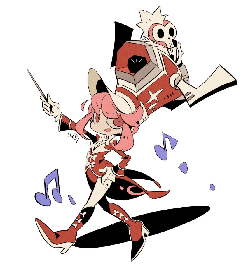 1girl baton bodysuit bone boots collared_shirt contrapposto eighth_note fang gloves hair_between_eyes hat helmet highleg highleg_leotard highres horned_headwear jakuzure_nonon kill_la_kill leotard musical_note pink_eyes pink_hair red_footwear red_headwear red_leotard shadow shako_cap shirt sidelocks simple_background skeleton skull smile solo tareme walking white_background white_bodysuit white_gloves yamada_9000