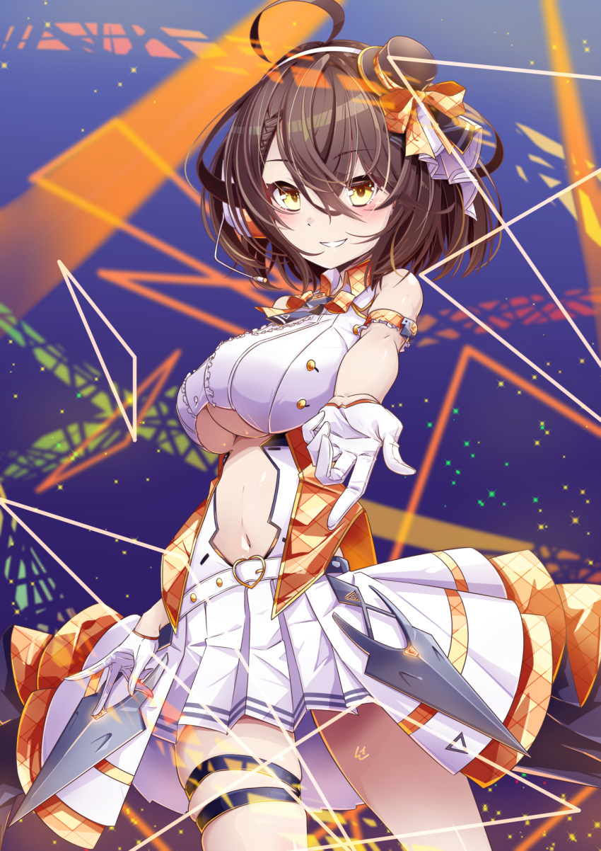 1girl ahoge arm_strap azur_lane baltimore_(azur_lane) baltimore_(muse)_(azur_lane) bangs bare_shoulders blue_background blush bow braid breasts brown_hair center_frills center_opening clothing_cutout collared_shirt commentary cowboy_shot eyebrows_visible_through_hair foreshortening french_braid frills gloves hair_between_eyes hat headset heart_buckle highres idol large_breasts leer.meer looking_at_viewer mini_hat navel navel_cutout official_alternate_costume orange_bow parted_lips pleated_skirt shirt short_hair showgirl_skirt sidelocks skindentation skirt sleeveless smile solo standing thigh_strap under_boob underboob_cutout white_gloves white_shirt white_skirt yellow_eyes