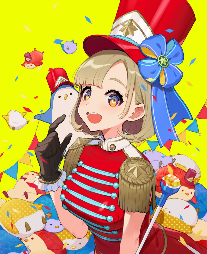 1girl :d bangs black_gloves breasts brown_eyes commentary_request confetti dress epaulettes gloves hand_up hat highres medium_breasts open_mouth original pennant red_dress red_headwear shako_cap short_hair smile solo string_of_flags stuffed_animal stuffed_penguin stuffed_toy yellow_background yuu_(higashi_no_penguin)