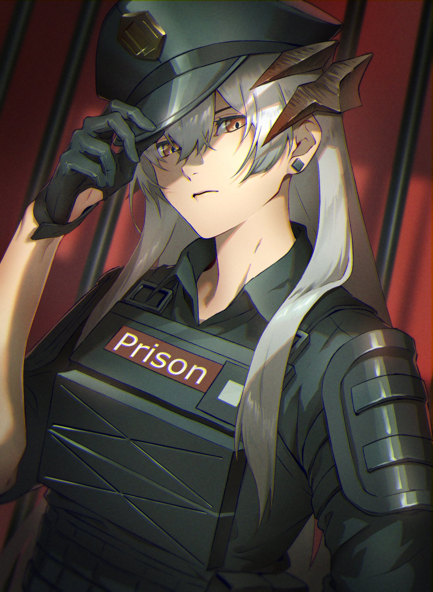 1girl arknights armor black_gloves black_shirt dragon_horns dutch_angle earrings gloves hair_between_eyes hat hat_tip highres horns jewelry looking_at_viewer official_alternate_costume orange_eyes police police_hat police_uniform saria_(arknights) saria_(iron_law)_(arknights) shirt silver_hair solo standing suyama_kara uniform upper_body