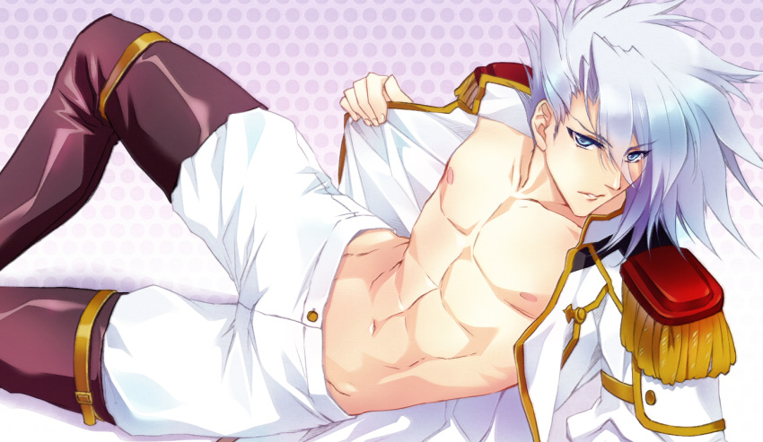 1boy areolae bare_pecs blue_eyes carnelian collarbone cowboy_shot epaulettes erecpyle_dukakis eyebrows_visible_through_hair ixion_saga lips looking_at_viewer male_focus navel open_clothes open_shirt parted_lips polka_dot polka_dot_background silver_hair solo