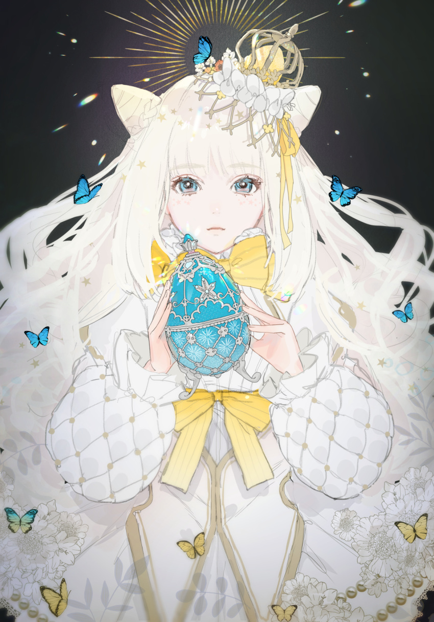 1girl animal_ears blue_butterfly blue_eyes bright_pupils bug butterfly closed_mouth crown dress egg eyebrows_visible_through_hair freckles halo highres holding insect long_hair long_sleeves looking_at_viewer original sankomichi solo very_long_hair white_dress white_hair white_pupils yellow_butterfly