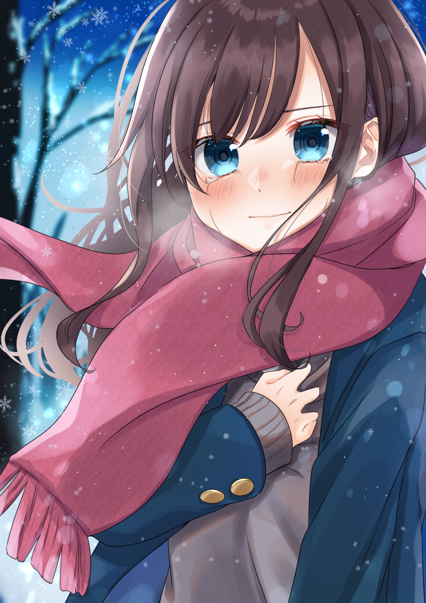 1girl absurdres arm_up bangs bare_tree black_hair blazer blue_coat blue_eyes blurry blurry_background blush clutching_chest coat commentary enpera grey_sweater hair_blowing hand_on_own_chest highres jacket light_smile long_hair long_sleeves looking_at_viewer open_clothes open_coat original outdoors red_scarf scarf shigure0730 snowflakes snowing solo standing sweater swept_bangs tearing_up tree uniform upper_body wind wind_lift