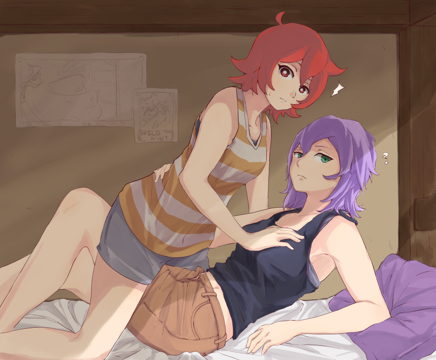 2girls alternate_costume bed blush breasts bunk_bed casual collarbone couple croix_meridies green_eyes hand_on_another's_chest highres little_witch_academia lying medium_hair multiple_girls oishii_tuna poster purple_hair red_eyes redhead shiny_chariot short_hair straddling surprised ursula_charistes