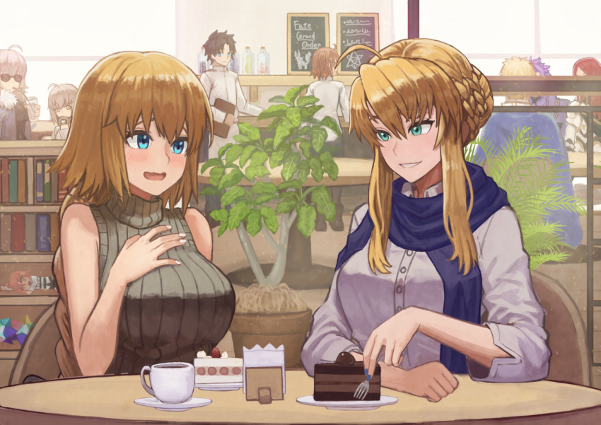 2boys 6+girls alternate_costume artoria_pendragon_(all) artoria_pendragon_(lancer) blonde_hair blue_eyes blue_nails bookshelf braid breasts brown_hair cafe cake cape casual chair chalkboard_sign character_request coffee_cup commentary_request contemporary cup disposable_cup fate/grand_order fate_(series) food french_braid fujimaru_ritsuka_(female) fujimaru_ritsuka_(male) green_eyes grey_hair hand_on_own_chest huge_breasts indoors janoukyo19 jar jeanne_d'arc_(fate) jeanne_d'arc_(fate)_(all) jet_black_king_of_knights_ver._shinjuku_1999 large_breasts leaf long_braid long_hair looking_at_another menu_board multiple_boys multiple_girls nail_polish plant potted_plant purple_hair red_eyes restaurant saint_quartz saucer scarf short_hair short_hair_with_long_locks sidelocks sitting sleeveless_sweater smile sunglasses table tsurime very_long_hair waiter white_nails