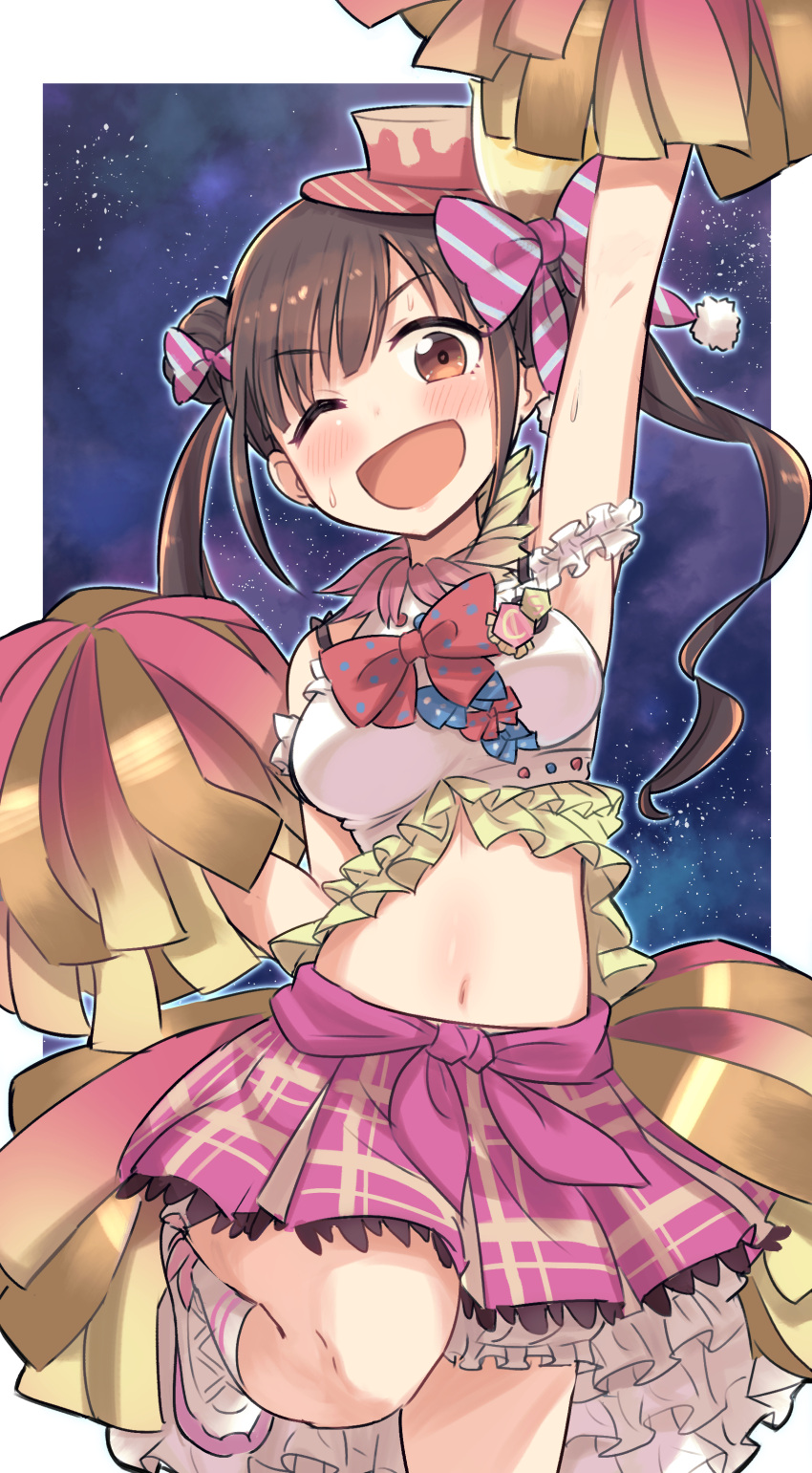 1girl absurdres arm_up armpits bangs bow brown_hair cheering cheerleader commentary_request double_bun gougoku hair_bow hat highres holding holding_pom_poms idolmaster idolmaster_shiny_colors long_hair looking_at_viewer midriff mini_hat miniskirt navel night night_sky one_eye_closed open_mouth plaid plaid_skirt pom_poms red_eyes skirt sky sleeveless solo sonoda_chiyoko sweat twintails