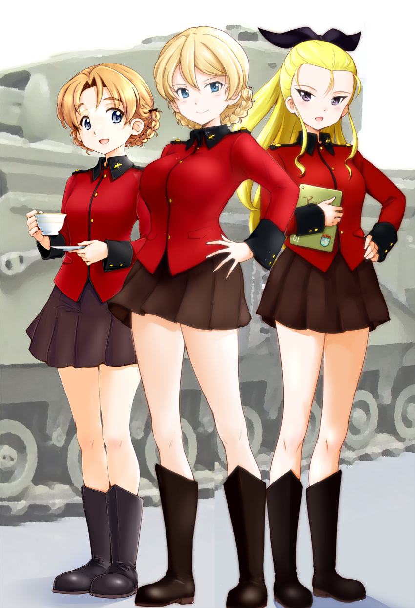 3girls assam_(girls_und_panzer) bangs black_bow black_footwear black_ribbon black_skirt blonde_hair blue_eyes blush boots bow braid breasts churchill_(tank) closed_mouth cup darjeeling_(girls_und_panzer) emblem epaulettes eyebrows_visible_through_hair full_body girls_und_panzer ground_vehicle hair_bow hair_pulled_back hair_ribbon hand_on_hip highres holding holding_cup holding_saucer holding_tablet_pc insignia jacket knee_boots long_hair long_sleeves looking_at_viewer military military_jacket military_uniform military_vehicle miniskirt model_tank motor_vehicle multiple_girls open_mouth orange_hair orange_pekoe_(girls_und_panzer) parted_bangs pleated_skirt red_jacket ribbon sasaki_akira_(ugc) saucer shadow short_hair side-by-side skirt smile st._gloriana's_(emblem) st._gloriana's_military_uniform standing tablet_pc tank teacup thighs tied_hair twin_braids uniform