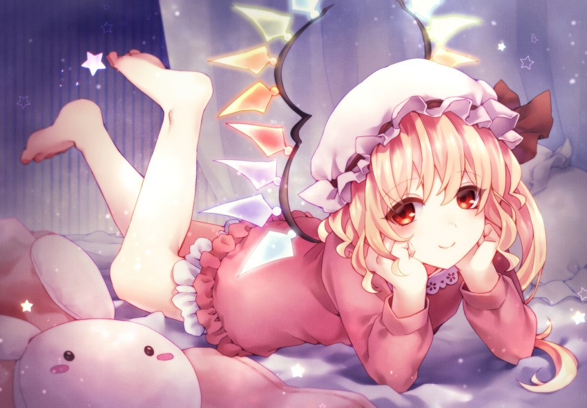 1girl alternate_costume asada_ryou barefoot blonde_hair commentary_request curtains dress eyebrows_visible_through_hair flandre_scarlet hands_on_own_cheeks hands_on_own_face hat hat_ribbon head_rest highres indoors legs_up long_sleeves looking_at_viewer lying mob_cap on_bed on_stomach partial_commentary pillow red_dress red_eyes ribbon short_hair smile solo star_(symbol) stuffed_animal stuffed_bunny stuffed_toy sweater sweater_dress the_pose touhou wallpaper_(object) white_headwear wings