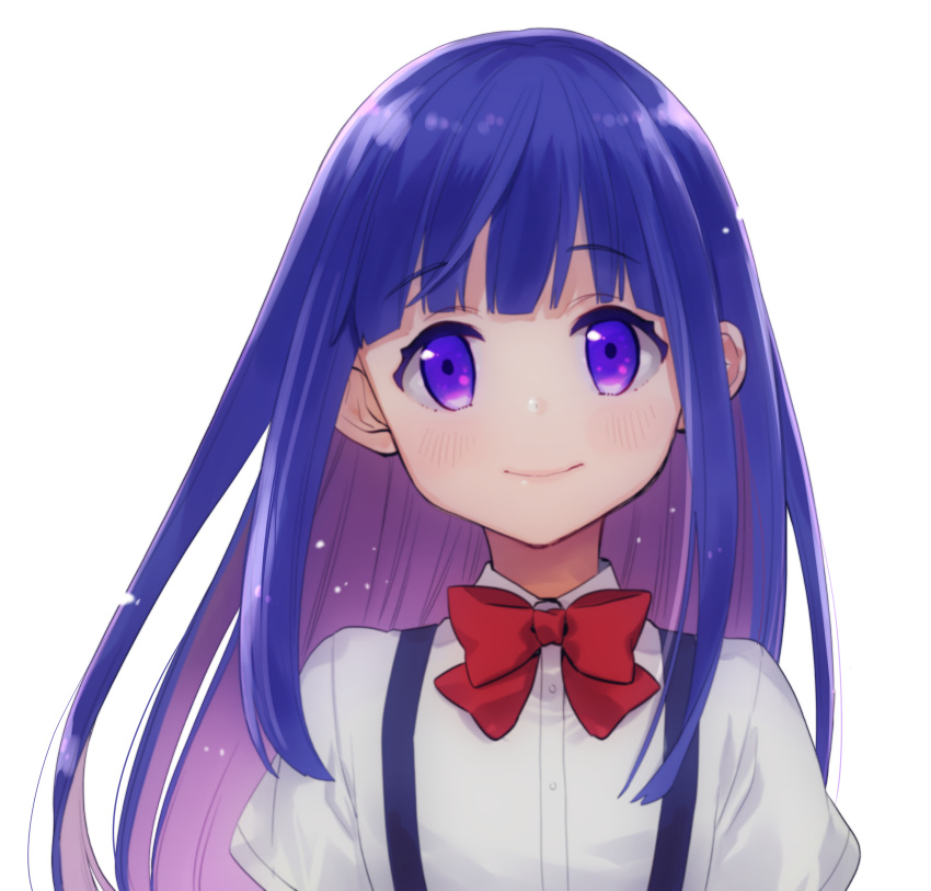 1girl absurdres bow furude_rika highres higurashi_no_naku_koro_ni hime_cut momoyama_hinase purple_hair skirt solo straight_hair suspender_skirt suspenders violet_eyes