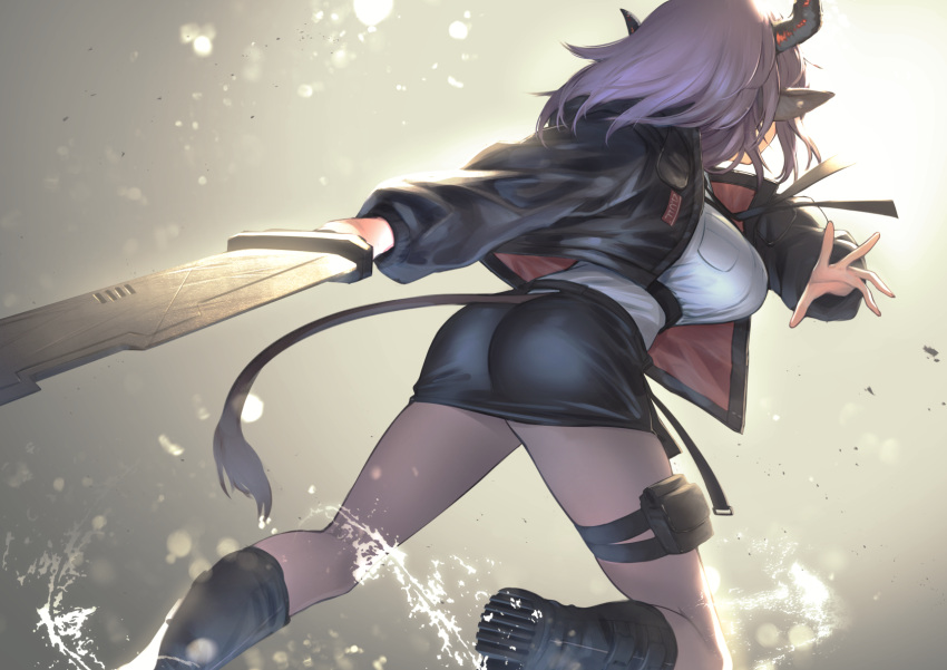 1girl animal_ears arknights ass black_footwear black_jacket black_skirt blue_shirt boots breast_pocket breasts cow_ears cow_horns cow_tail from_behind grey_legwear highres holding holding_sword holding_weapon horns itaco jacket large_breasts leather_skirt long_sleeves open_clothes open_jacket pantyhose pencil_skirt pocket pouch purple_hair shirt short_hair sideroca_(arknights) skirt solo sword tail thigh_pouch water weapon