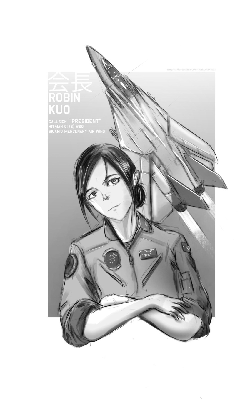 1girl absurdres aircraft airplane black_hair character_name chinese_text crossed_arms english_text f-14_tomcat fighter_jet fongsaunder highres jet military military_vehicle pilot pilot_suit ponytail prez_(project_wingman) project_wingman sketch solo