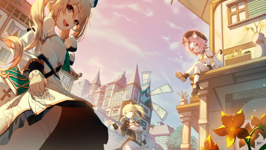 3girls absurdres animal_ears barbara_(genshin_impact) blonde_hair blue_eyes book building cabbie_hat capelet cat_ears cat_tail clouds detached_sleeves diona_(genshin_impact) dress drill_hair flower flower_pot genshin_impact hair_ornament hat highres huge_filesize jean_gunnhildr lifted_by_self long_sleeves looking_at_viewer magica multiple_girls open_mouth outdoors pantyhose pink_hair ponytail shorts sitting skirt skirt_lift sky smile sunset tail town twin_drills twintails white_legwear windmill