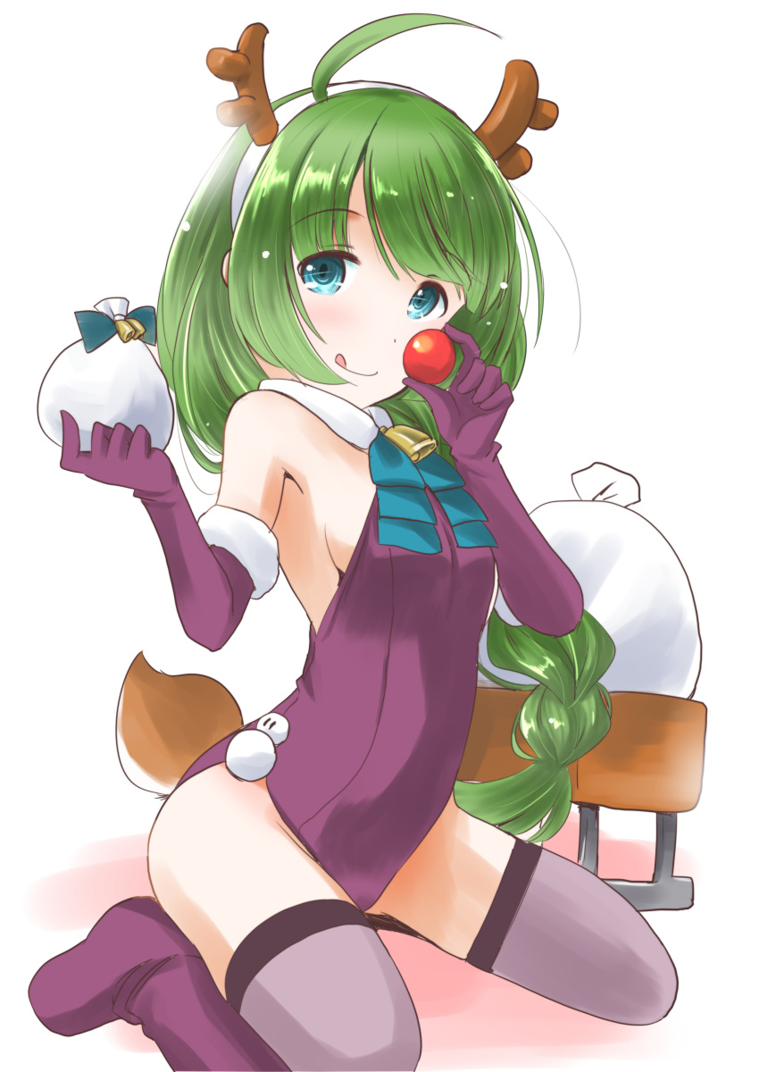 1girl absurdres ahoge animal_ears antlers ball blue_eyes blue_neckwear braid collar commentary_request deer_ears deer_tail elbow_gloves fake_animal_ears fake_antlers fake_nose gloves green_hair highres kantai_collection leotard long_hair mole mole_under_mouth neckerchief purple_gloves purple_legwear purple_leotard reindeer_antlers sack simple_background single_braid sleigh solo tail taisinkoku thigh-highs very_long_hair white_background white_collar yuugumo_(kantai_collection)