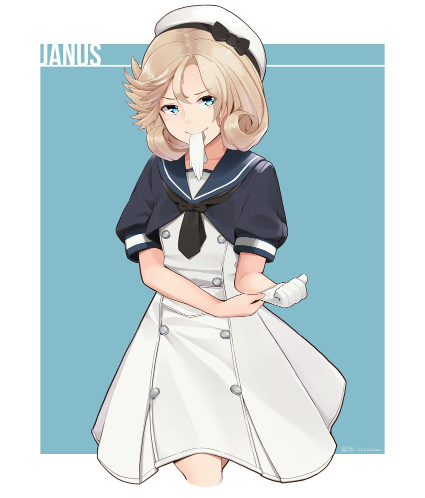 1girl bangs befu black_neckwear blonde_hair blue_eyes blue_sailor_collar border character_name commentary_request dress gloves gloves_removed hat highres janus_(kantai_collection) kantai_collection looking_at_viewer mouth_hold parted_bangs sailor_collar sailor_dress sailor_hat short_hair short_sleeves single_glove solo two-tone_background white_border white_dress white_gloves white_headwear