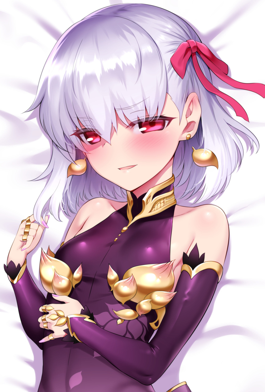 1girl blush dakimakura_(medium) detached_sleeves earrings eyebrows_visible_through_hair fate/grand_order fate_(series) hair_ribbon highres jewelry kama_(fate/grand_order) looking_at_viewer m-da_s-tarou open_mouth red_eyes red_ribbon ribbon short_hair silver_hair smile solo upper_body