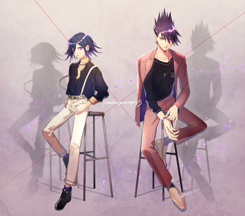 2boys alternate_costume bangs belt black_footwear black_hair black_shirt black_skirt breast_pocket brown_footwear brown_pants brown_sweater chair character_name checkered collarbone commentary_request cowboy_shot dangan_ronpa earrings facial_hair full_body grey_background highres jacket jacket_on_shoulders jewelry long_sleeves looking_at_viewer male_focus momota_kaito multiple_boys nagi_to_(kennkenn) necklace new_dangan_ronpa_v3 open_clothes open_jacket open_mouth ouma_kokichi pants parted_lips pocket purple_hair shadow shiny shiny_hair shirt shirt_tucked_in shoes short_hair sitting skirt space_print spiky_hair starry_sky_print suspenders sweater twitter_username upper_body violet_eyes white_pants