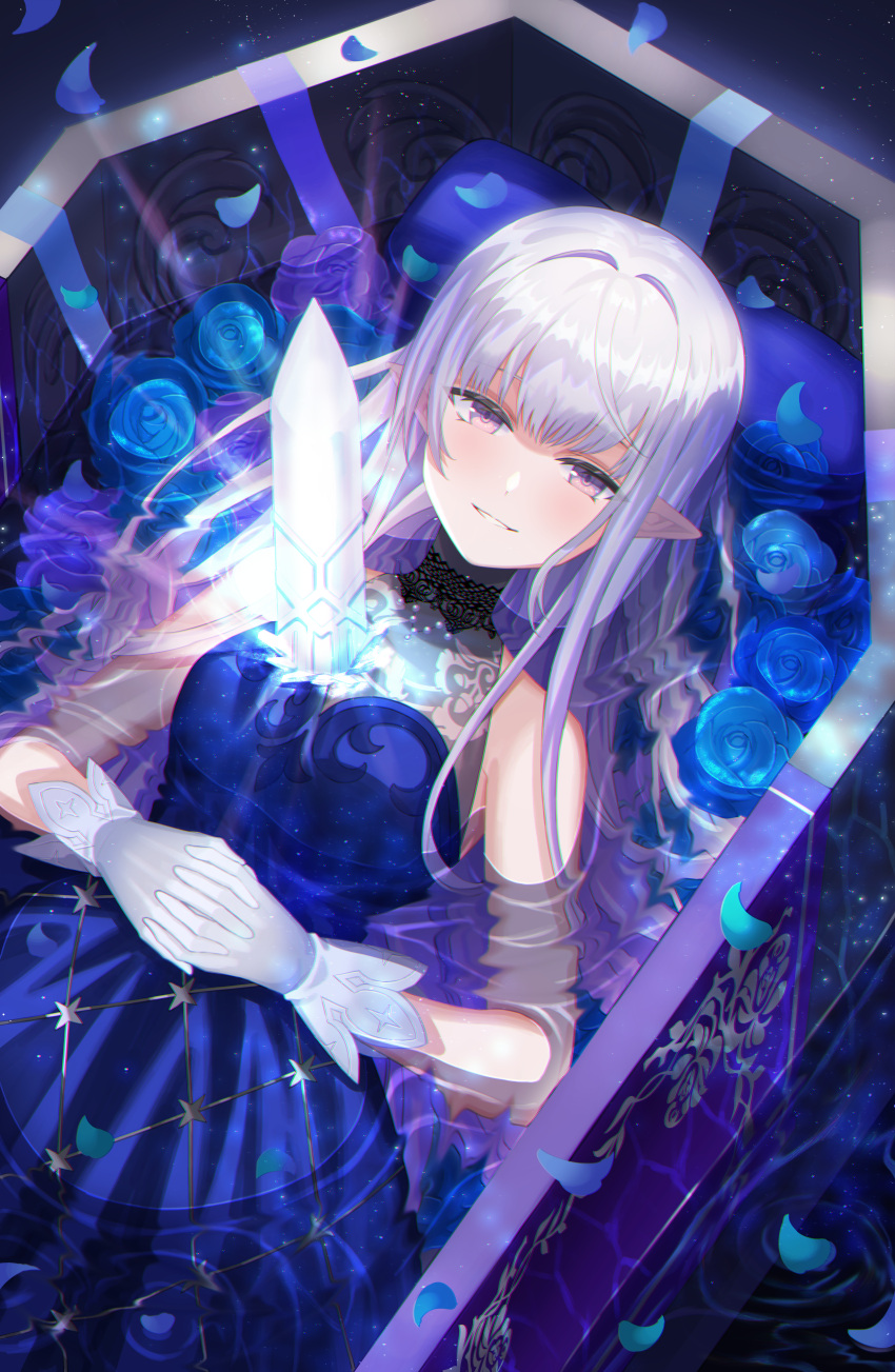 1girl absurdres amahara_subaru bangs blue_dress blue_flower blue_rose blush breasts coffin commentary_request crystal dress elf flower gloves grey_gloves highres huge_filesize long_hair looking_at_viewer lying on_back original parted_lips partially_submerged petals pillow pointy_ears rose silver_hair sleeveless sleeveless_dress small_breasts smile solo sparkle very_long_hair violet_eyes water