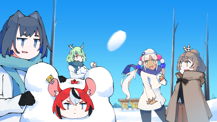 6+girls :d absurdres animal_ears beanie black_gloves black_hair blue_eyes blue_hair blue_sky blurry blurry_background brown_eyes brown_hair cape ceres_fauna clear_sky commentary dark-skinned_female dark_skin day english_commentary gloves green_hair hair_intakes hakos_baelz hat highres holocouncil hololive hololive_english horns light_brown_hair long_hair long_sleeves mole mole_under_eye motion_blur mouse_ears mousetrap mr._squeaks_(hakos_baelz) multicolored_hair multiple_girls nanashi_mumei ouro_kronii ponytail redhead scarf sky smile smol_ame snow snowball snowman standing streaked_hair throwing tree tsukumo_sana twintails unamused virtual_youtuber white_hair zaniaii