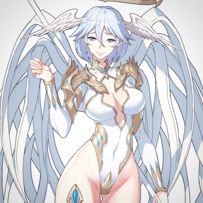 1girl angel angel_wings armor ass_visible_through_thighs blue_eyes blue_hair boots breasts center_opening covered_navel cropped feathered_wings gem hair_between_eyes halo head_wings highleg highleg_leotard highres hip_focus holding holding_staff hong_soon-jae large_breasts leotard long_sleeves looking_at_viewer multiple_wings original photoshop_(medium) short_hair shoulder_armor simple_background solo staff thigh-highs white_legwear white_leotard white_theme white_wings wings