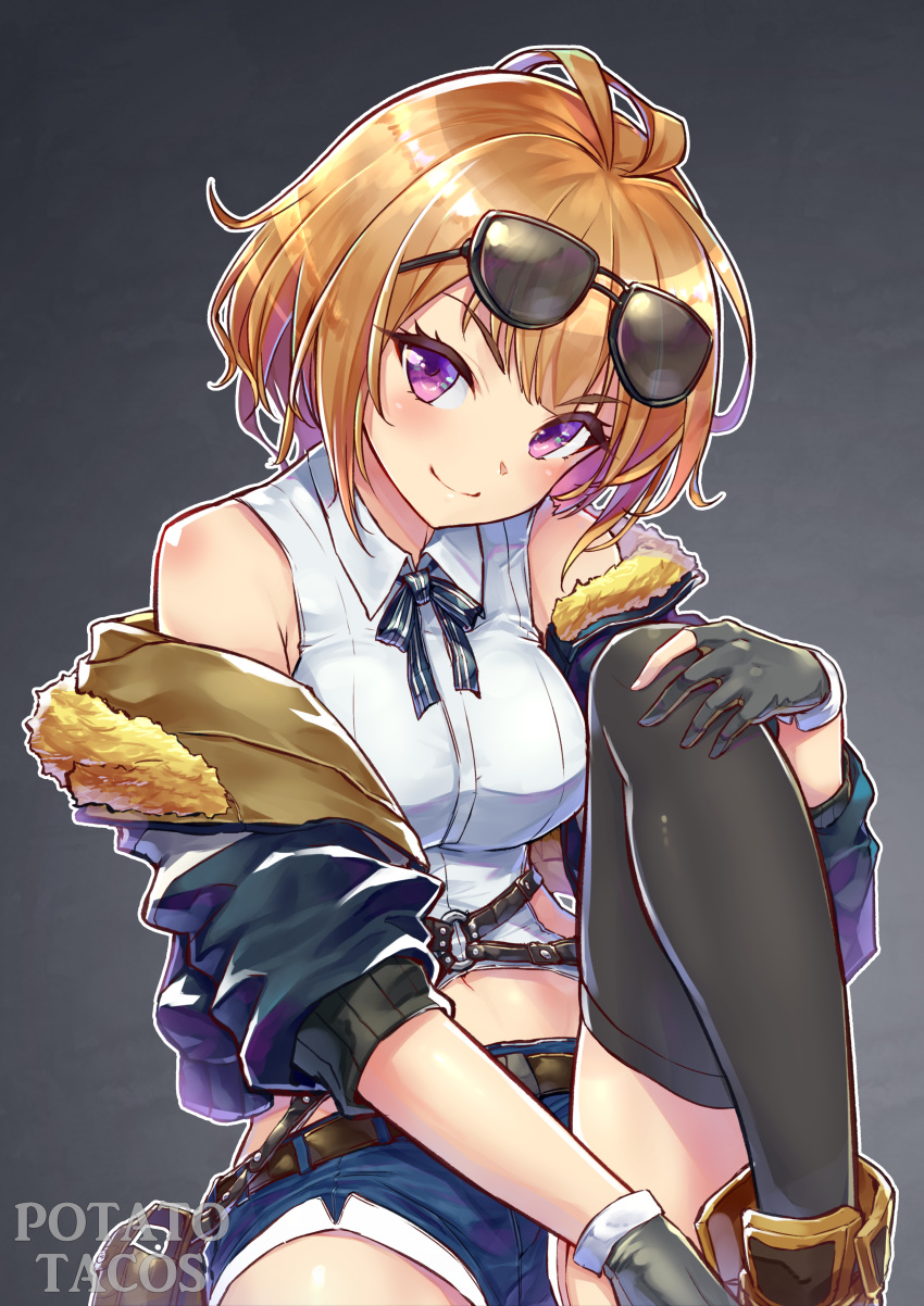 1girl absurdres bare_shoulders blush breasts brown_hair girls_frontline grizzly_mkv_(girls_frontline) highres making-of_available medium_breasts navel potato_tacos short_hair short_shorts shorts sleeveless smile solo thigh-highs video_available violet_eyes
