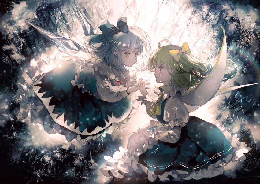 2girls ahoge bangs blue_dress blue_eyes blue_hair blue_skirt blue_vest bow cirno commentary_request cravat crying crying_with_eyes_open daiyousei day dress expressionless eye_contact eyebrows_visible_through_hair fairy_wings floating green_eyes green_hair hair_bow highres holding_hands in_tree juliet_sleeves long_sleeves looking_at_another majamari multiple_girls one_side_up outdoors petticoat pinafore_dress puffy_sleeves shirt short_hair sitting skirt skirt_hold tears touhou tree vest wariza white_shirt wings yellow_neckwear