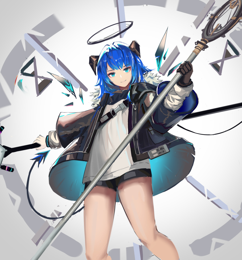 1girl absurdres arknights black_jacket black_shorts blue_eyes blue_hair buckle chinese_commentary closed_mouth commentary cowboy_shot demon_horns demon_tail energy_wings eyebrows_visible_through_hair from_below halo highres holding holding_staff holding_weapon horns hourglass jacket long_hair looking_at_viewer looking_down lunxirain mostima_(arknights) open_clothes open_jacket shirt short_shorts shorts smile solo staff standing strap tail weapon white_shirt