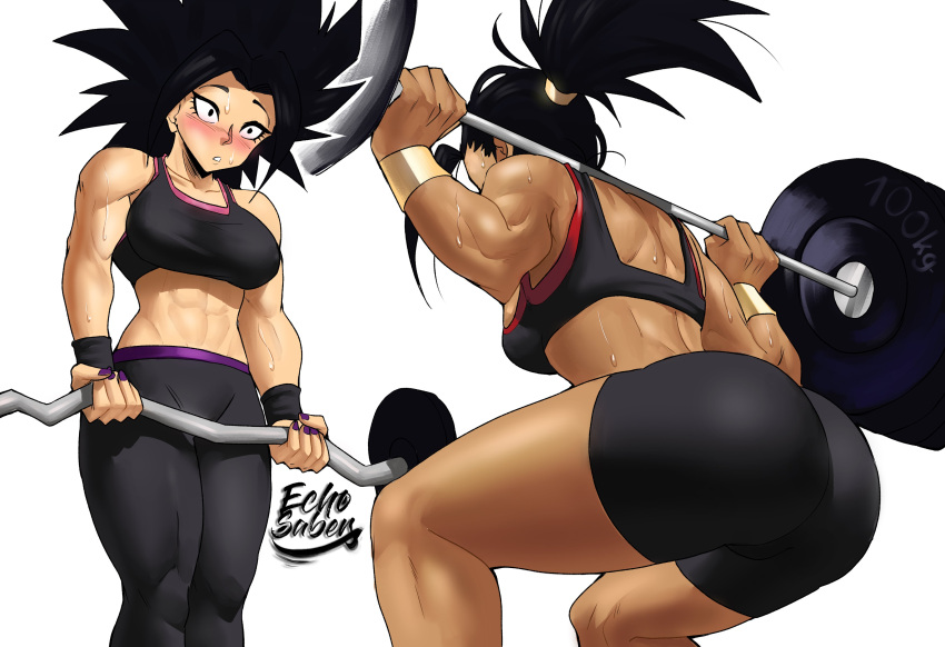 2girls abs absurdres ass barbell basketball bike_shorts black_eyes black_hair blush borrowed_design breasts caulifla commentary constricted_pupils dark_skin dark-skinned_female dragon_ball dragon_ball_super echo_saber english_commentary exercise gym gym_shorts gym_uniform highres kale_(dragon_ball) looking_at_another multiple_girls muscle muscular_female nose_blush ponytail saiyan shorts spiky_hair sports_bra squatting sweatband weightlifting weights yuri