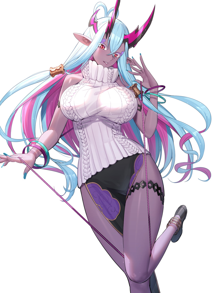 1girl aran_sweater bangle bangs bare_arms bare_shoulders black_footwear black_skirt blue_hair blue_nails bracelet breasts colored_eyelashes commentary_request dark_skin fate/grand_order fate_(series) hair_between_eyes hand_up head_tilt highres horns ibuki_douji_(fate) jewelry large_breasts long_hair looking_at_viewer multicolored_hair nail_polish parted_lips pelvic_curtain pink_hair pointy_ears red_eyes ribbed_sweater ririko_(zhuoyandesailaer) shoes simple_background skirt sleeveless sleeveless_sweater sleeveless_turtleneck smile solo standing standing_on_one_leg sweater turtleneck turtleneck_sweater two-tone_hair very_long_hair white_background white_sweater