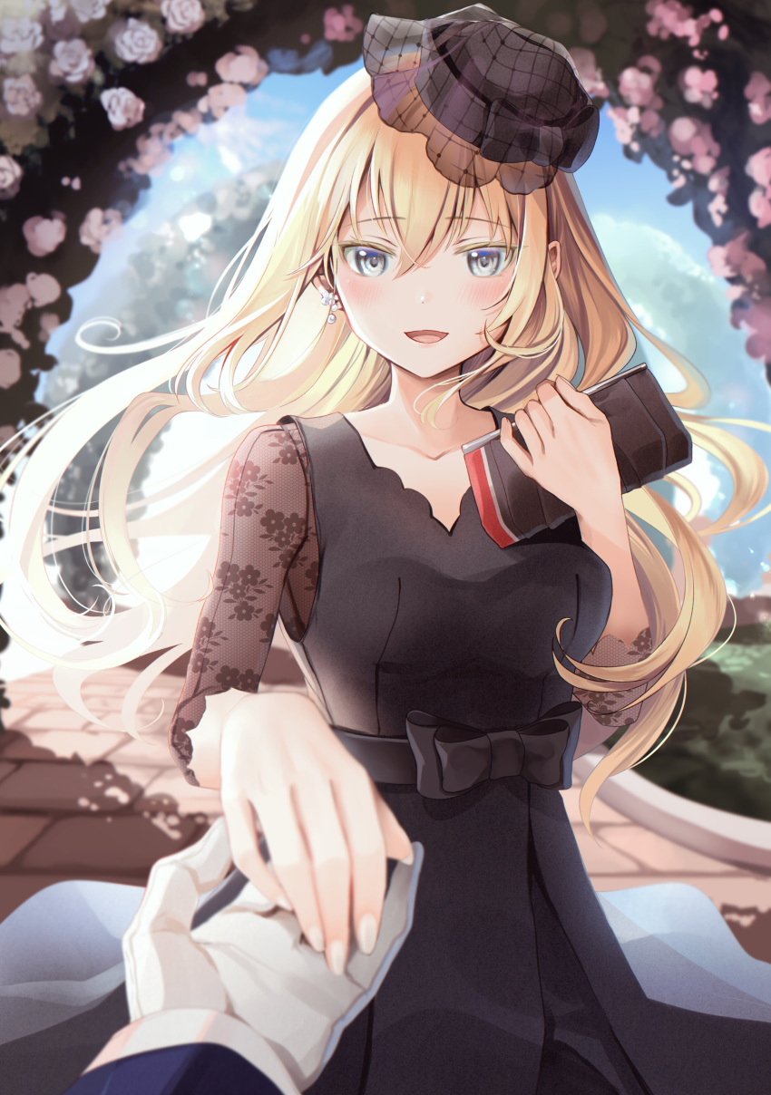 1boy 1girl absurdres alternate_costume bag bangs bismarck_(kantai_collection) black_dress blonde_hair blue_eyes collarbone commentary_request dress earrings gloves hair_between_eyes handbag highres holding holding_bag holding_hands jewelry kantai_collection long_hair long_sleeves open_mouth outdoors see-through see-through_sleeves smile solo_focus white_gloves yunamaro