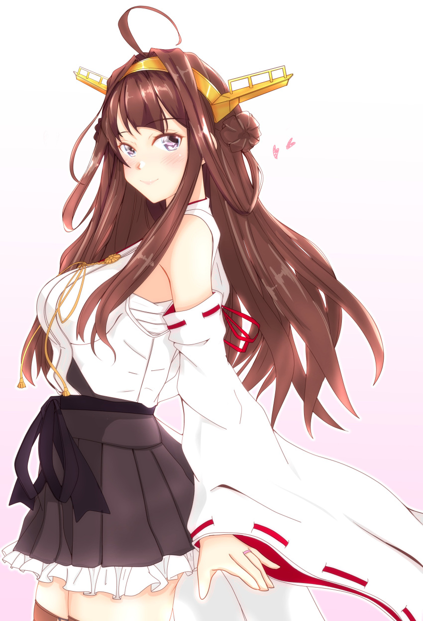1girl absurdres ahoge arms_behind_back black_skirt brown_hair cowboy_shot detached_sleeves double_bun english_commentary hairband headgear highres japanese_clothes kantai_collection kongou_(kantai_collection) long_hair looking_at_viewer nitamago_(sakamalh) pleated_skirt ribbon-trimmed_sleeves ribbon_trim simple_background skirt smile solo white_background
