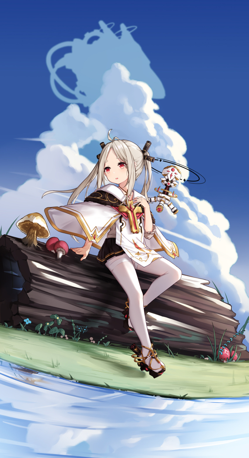 1girl :o arm_at_side black_skirt blue_sky capelet clouds cross drone flower grass grey_hair hair_ornament hand_on_own_chest highres jewelry knee_up koebushi_(mat) latin_cross leg_lift log looking_to_the_side miniskirt mushroom necklace original outdoors pantyhose parted_lips plant pleated_skirt red_eyes sandals short_eyebrows sitting skirt sky solo twintails water white_legwear