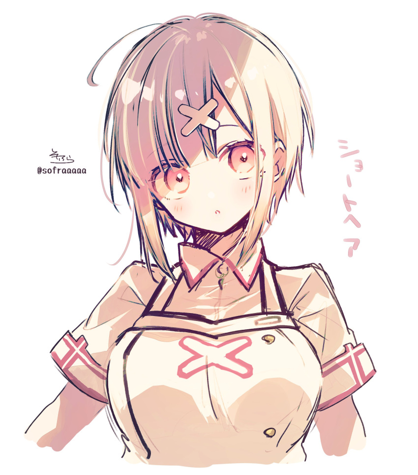 1girl :o absurdres ahoge alternate_hair_length alternate_hairstyle apron bangs blush breasts commentary_request cropped_torso dress eyebrows_visible_through_hair hair_ornament highres looking_at_viewer medium_breasts nijisanji no_hat no_headwear parted_lips red_eyes short_hair short_sleeves sidelocks signature simple_background sofra solo sukoya_kana translation_request twitter_username upper_body virtual_youtuber white_apron white_background white_dress white_hair x_hair_ornament