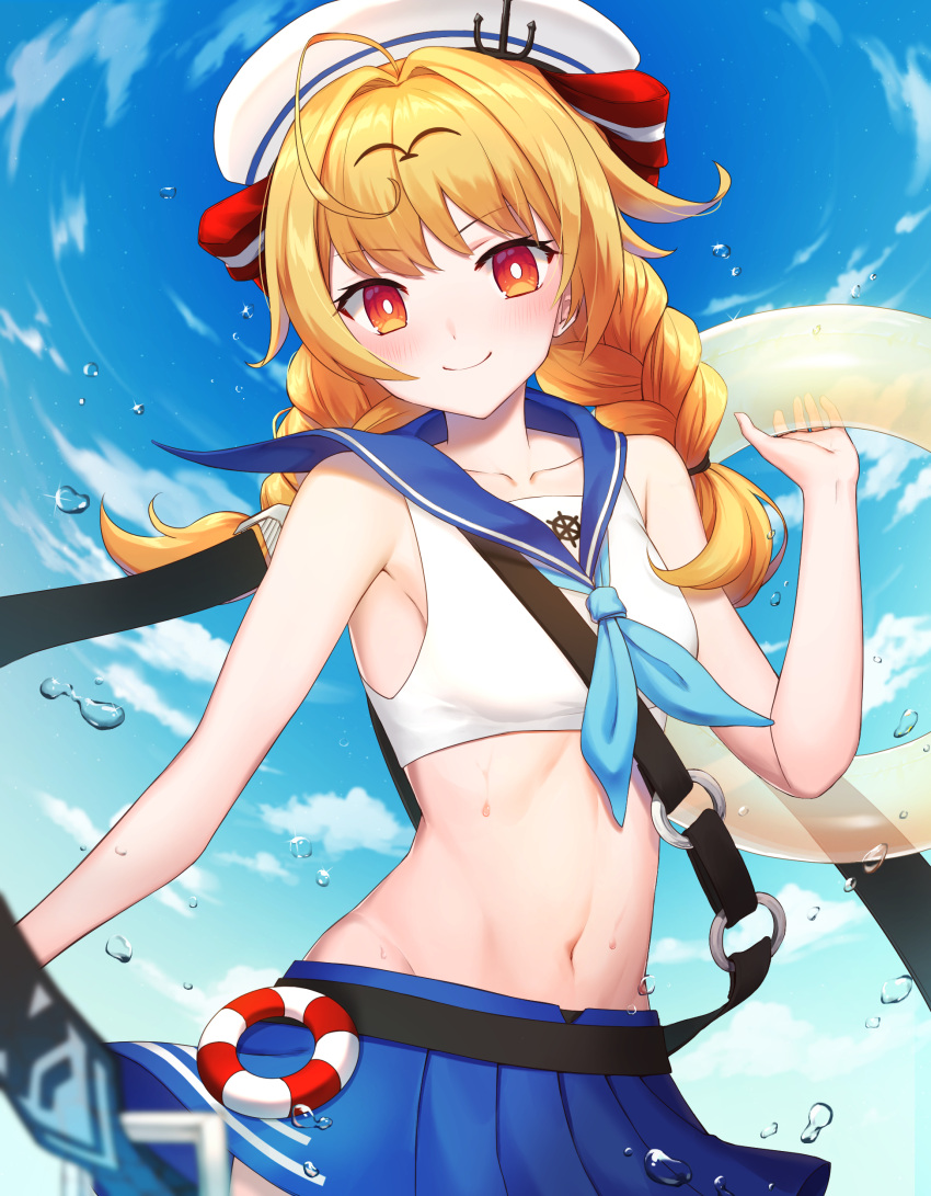 1girl absurdres ahoge blonde_hair blue_neckwear blue_sailor_collar blue_skirt blue_sky bow braid breasts clouds collarbone cowboy_shot crop_top eyebrows_visible_through_hair forever_7th_capital groin hair_bow hair_intakes hat highres innertube long_hair looking_at_viewer midriff miniskirt navel pleated_skirt red_bow red_eyes sailor_bikini sailor_collar shiny shiny_hair skirt sky sleeveless small_breasts solo ssalgolae standing stomach twin_braids white_headwear