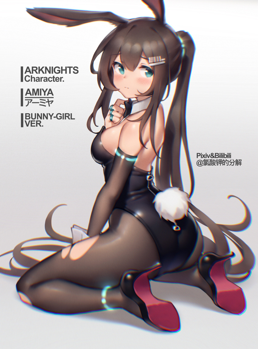 1girl absurdres amiya_(arknights) animal_ears anklet aqua_eyes arknights artist_name ass bangs bilibili_xiaolu black_bow black_footwear black_leotard black_neckwear blush bow bowtie breasts brown_hair brown_legwear bunny_girl bunny_tail character_name commentary_request detached_collar detached_sleeves english_text eyebrows_visible_through_hair from_behind full_body glowing grey_background hair_ornament hairclip high_heels highres jewelry kneeling leotard long_hair long_sleeves looking_at_viewer looking_back medium_breasts pantyhose playboy_bunny rabbit_ears shoe_soles sideboob simple_background solo tail torn_clothes torn_legwear very_long_hair