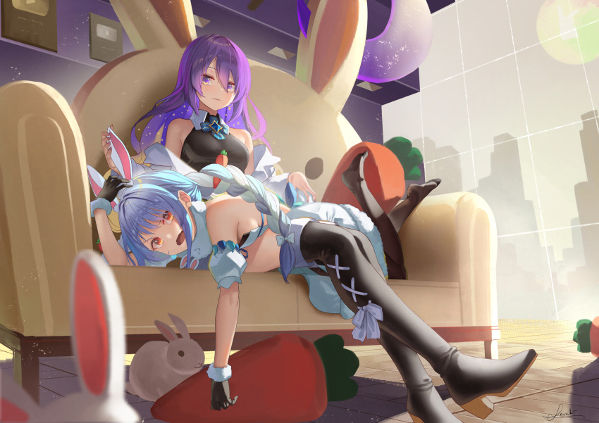 2girls :d animal_ears bare_shoulders black_footwear black_gloves black_legwear black_shirt blue_bow blue_hair blush boots bow braid breasts bunny_girl closed_mouth commentary_request couch detached_sleeves dress full_body fur-trimmed_dress fur_collar fur_trim gloves hair_between_eyes hair_bow highres hololive hololive_indonesia indoors long_hair looking_at_viewer lying moona_hoshinova multiple_girls on_couch on_stomach open_mouth pantyhose purple_hair rabbit rabbit_ears red_eyes saraki shirt short_sleeves sideboob signature small_breasts smile thigh-highs thigh_boots twin_braids usada_pekora v-shaped_eyebrows very_long_hair violet_eyes virtual_youtuber white_dress window wooden_floor